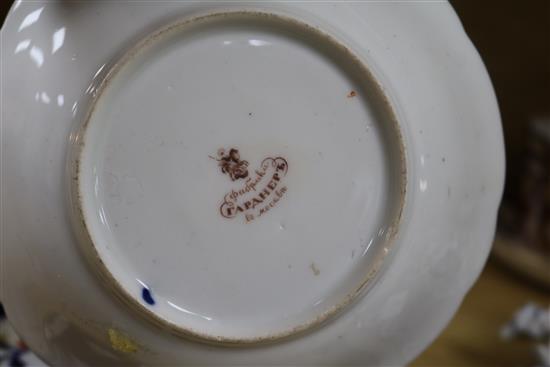 A Dresden floral encrusted cup and saucer, a quantity of Royal Crown Derby teaware and a Sitzendorf wall mirror